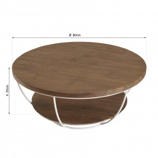 Table Basse Scandinave ronde Double Plateau en bois finition teck recyclé pied blanc
